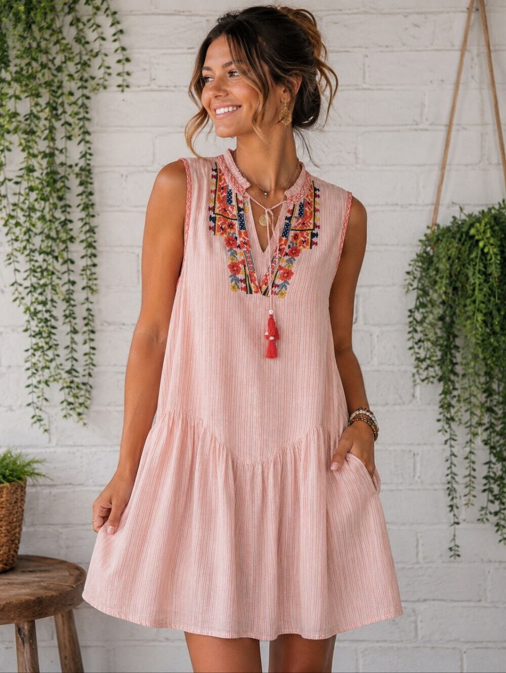JOHNNY WAS "CYRIELLE" BOHO TANK DRESS PINK WHITE STRIPE FLORAL EMBROIDERY SMALL